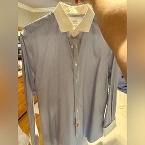 Charles Tyrwhitt Navy and White Striped Dress Shirt French Cuffs